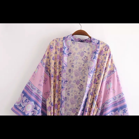 Boho gypsy kimono maxi duster pink purple cover up - Picture 3 of 6